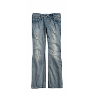 WOMEN'S BLUE DENIM STUDDED BAR & SHIELD LOGO LOW-RISE JEANS