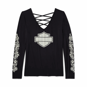 WOMEN'S BLING CHROME & ROSES LONG SLEEVE LACED BACK V NECK