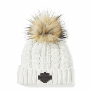 HARLEY-DAVIDSON LEATHER PATCH POM BEANIE, OFF WHITE