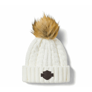 WOMEN'S LEATHER PATCH POM BEANIE - CLOUD DANCER