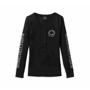 WOMEN'S WILLIE G SKULL SNAP FRONT LONG SLEEVE HENLEY - BLACK